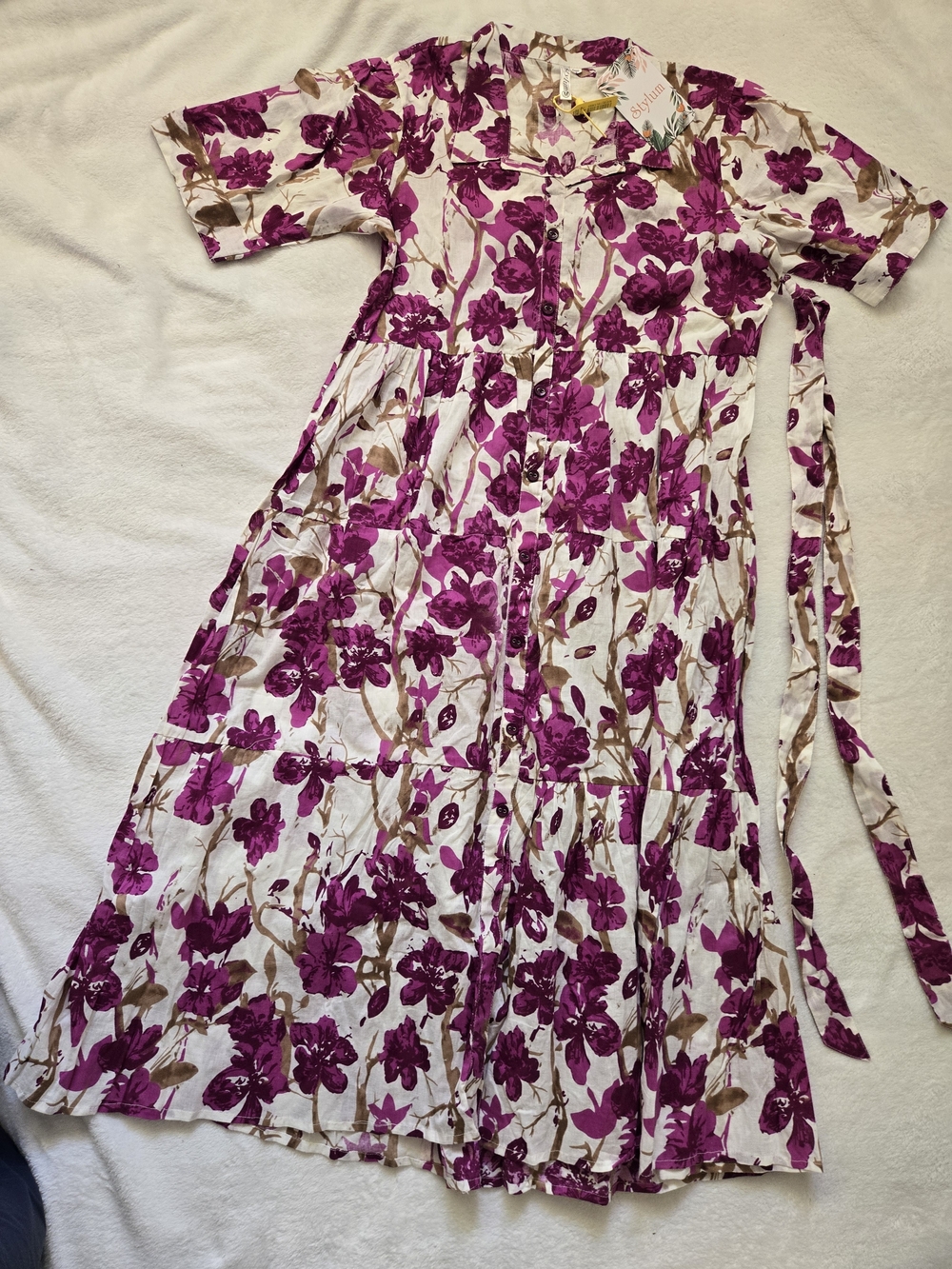 White Maxi Dress with Magenta Floral Print and Waist Tie